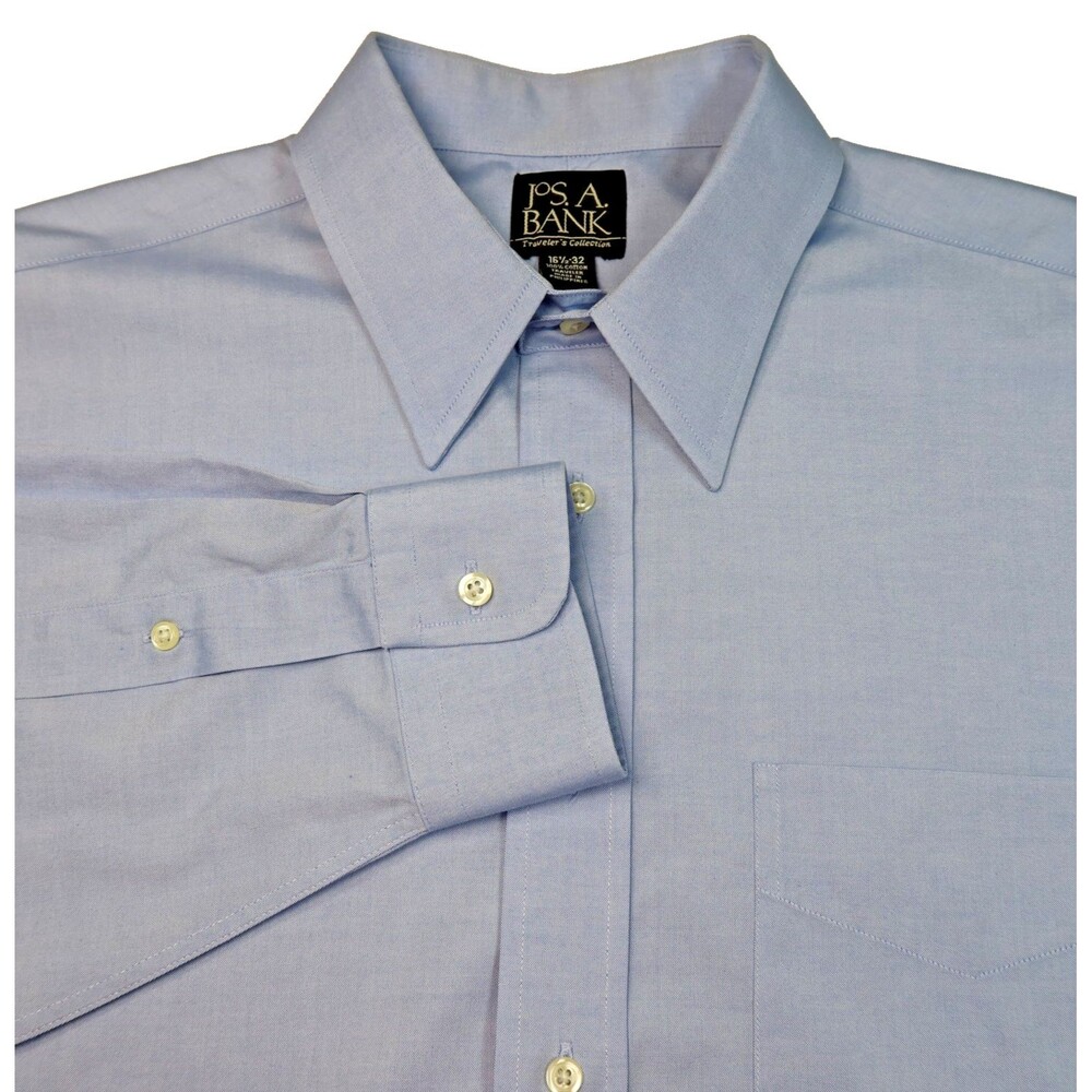 Jos. A. Bank Dress Shirt Mens 16.5x32 Solid Blue Traveler Button Up Long Sleeve